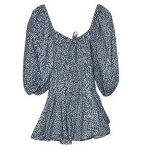 Mable Blue Floral Puffed Sleeve Ruffle Mini Dress Women Size S
